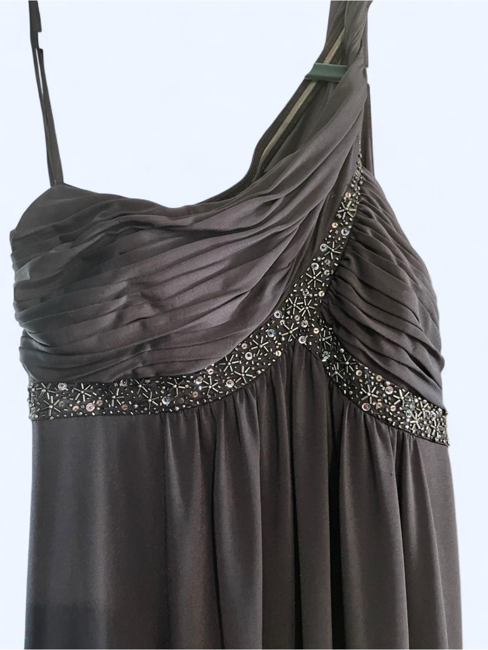 Adrianna Papell One-Shoulder Charcoal Gray Beaded Evening Gown
